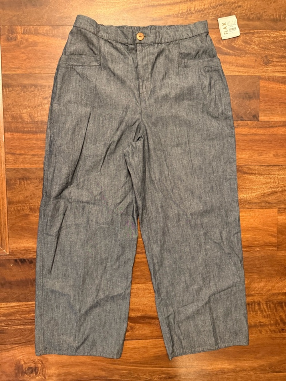 Flax Blue Elastic Waist Cotton Pants With Zipper
